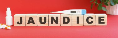 JAUNDICE kelimesi kırmızı arka planda tıbbi ilaçlı tahta küplerden yapılmıştır..
