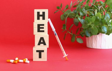 HEAT kelimesi kırmızı zemin üzerindeki tahta küplerden yapılmıştır. Tıbbi konsept.