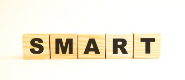 Akıllı sözcüğü. Beyaz arka planda harflerle izole edilmiş tahta küpler. Kavramsal resim.