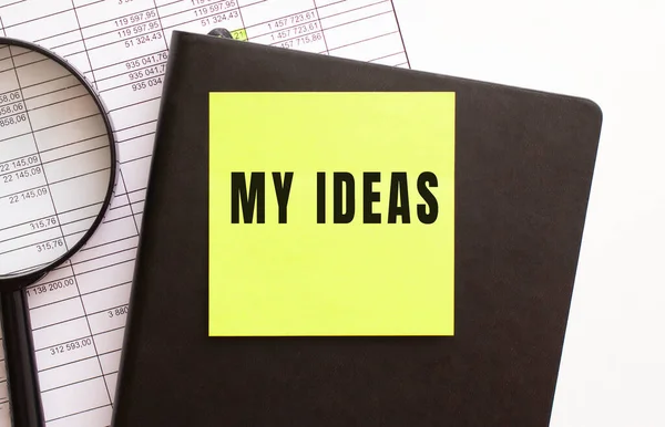 Ideas Text Sticker Your Desktop Diary Magnifier Financial Concept — Stock Photo, Image
