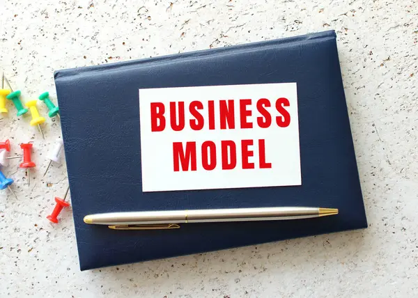Text Business Model Business Card Lying Blue Notebook Next Pen — Stock fotografie