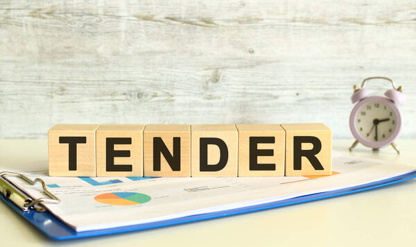 Деревянные кубики лежат на папке с финансовыми графиками на сером фоне. Кубы составляют слово TENDER. Концепция бизнеса.