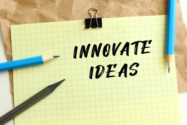 Innovate Ideas Lettering Yellow Sheet Paper Crumpled Kraft Paper Pencils — Stock Photo, Image