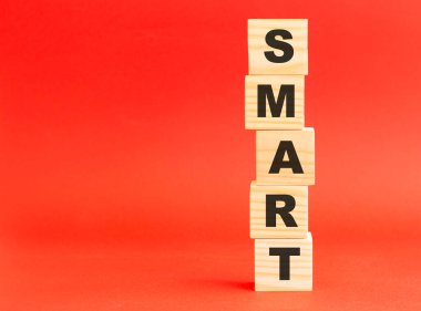 Kelime bilgeliği olan tahta küpler. Tasarım ve konseptin için. Kırmızı arka planda tahta küpler. Solda boş alan.