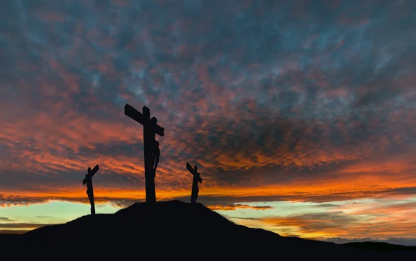 Kruisiging van Jezus met dramatische hemel en kopie ruimte. Pasen-Concept. — Stockfoto