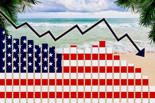 Covid 19米国の観光産業の概念に対するコロナウイルスのパンデミックの影響バーチャートのアメリカの国旗とビーチの背景を示す傾向を減少させる — ストック写真