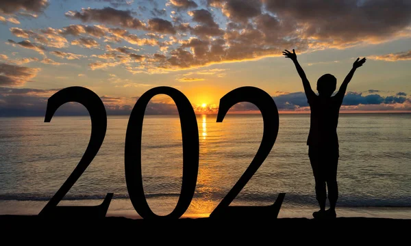 New Year 2021 Sunrise Welcome Beach Silhouette Woman Raised Hands — Stock Photo, Image