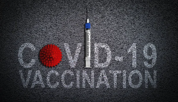 Вакцинація Covid Проілюстрована Вірусом Шприцом Голка Вакцина Фоні Асфальту Зупинка — стокове фото