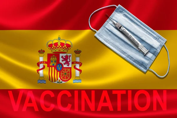 Covid Vaccination Spain Concept Face Mask Syringe Needle Vaccine Spanish — Stock Photo, Image