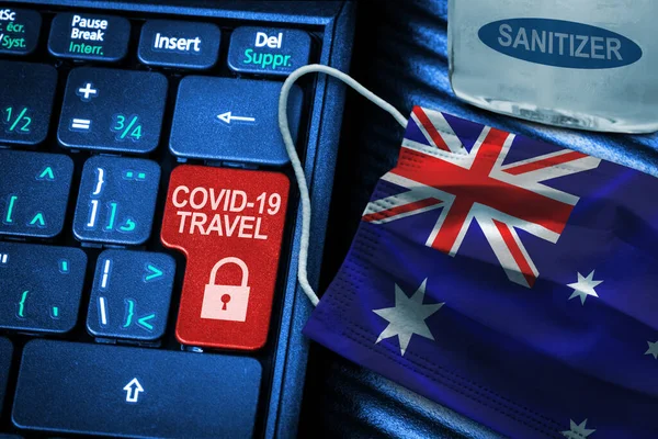 Austrália Covid Conceito Restrições Viagem Coronavírus Mostrando Aviso Botão Vermelho — Fotografia de Stock