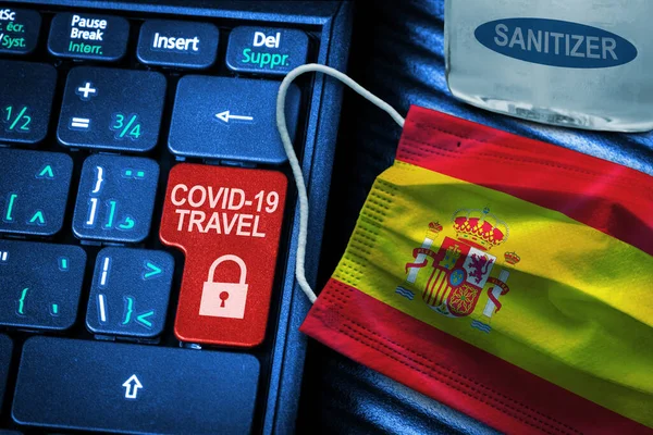 Spain Covid Coronavirus Travel Restrictions Concept Showing Red Button Warning — Stock Photo, Image