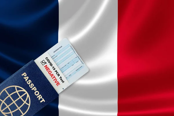 Travel passport, boarding pass and negative test result of COVID-19 PCR test for France. Concept of new normal air or land border travel with proof of Coronavirus testing requirement in France.