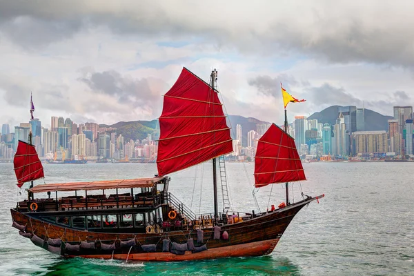Hong Kong Landscape: Chinese Sailboat on Victoria Harbor