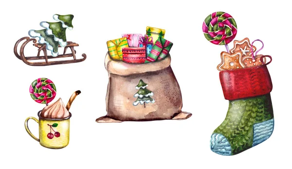 Conjunto de ilustrações aquarela de símbolos de Natal e elementos de férias. Santas saco de presente. Sled vintage de madeira com uma árvore de Natal.Meia de Natal para presentes.Caneca de esmalte com marshmallows. Isolado em um — Fotografia de Stock