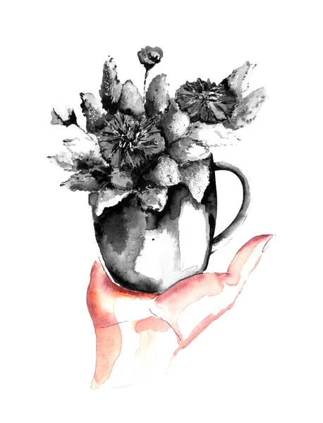 Акварельная иллюстрация, готовый соблазн для посткартонного монохромного букета цветов в маленькой чашке на ладони. изолированные на белом фоне. — стоковое фото
