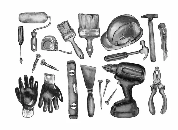 Watercolor illustration, set of tools for home and apartment repair, isolated on white — Stock Photo, Image