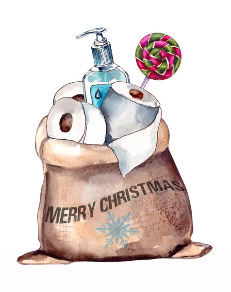 Gambar cat air Kartu ucapan Natal 2020-lucu untuk Natal selama isolasi diri pandemi covid-19. tisu toilet dalam tas Santa Claus. — Stok Foto