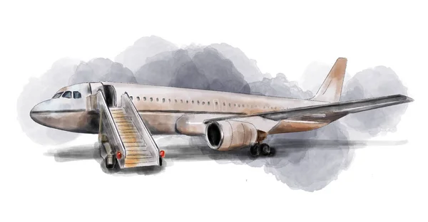 Aquarell-Illustration eines realistischen Flugzeugs mit offener Rampe. das weiße Flugzeug am Flughafen ist bereit, Passagiere aufzunehmen. — Stockfoto