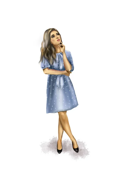 A girl with long hair in a polka dot dress stands thinking. — Stock Photo, Image