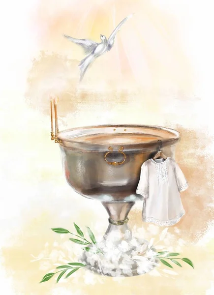 Εικονογράφηση μιας μεταλλικής γραμματοσειράς σε μια εκκλησία για το βάπτισμα των παιδιών και ένα λευκό βαπτιστικό πουκάμισο — Φωτογραφία Αρχείου