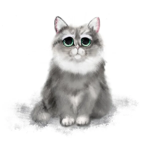 Ilustración de un hermoso icono de dibujos animados con un gatito gris-azul con grandes ojos tristes sobre un fondo blanco para un diseño de estilo de vida. — Foto de Stock