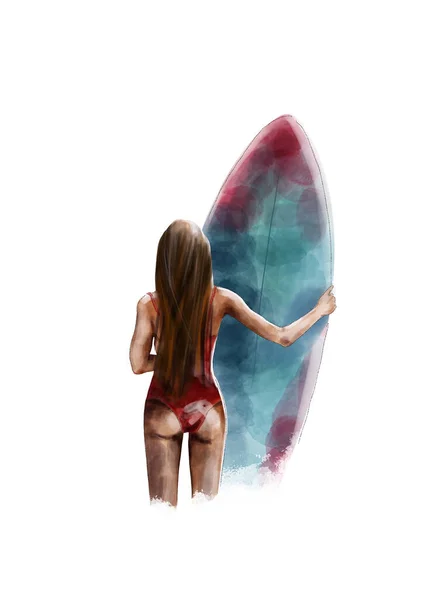 Ilustración de un hombre con una tabla de surf de pie con la espalda. aislado sobre un fondo blanco —  Fotos de Stock