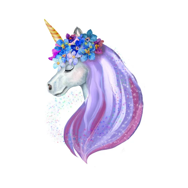 Watercolor illustration of a unicorn with flowers on its head a multicolored mane isolated on a white background. — Stock Photo, Image