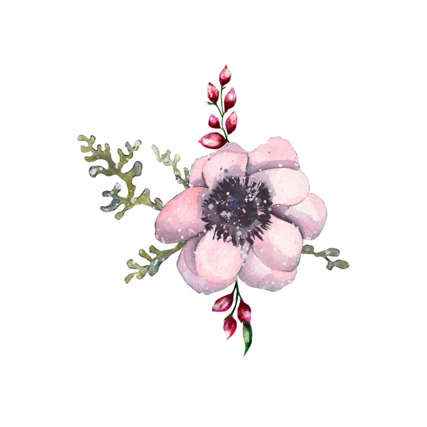 Watercolor illustration of a small bouquet of anemone flowers isolated on white — Stock Photo, Image