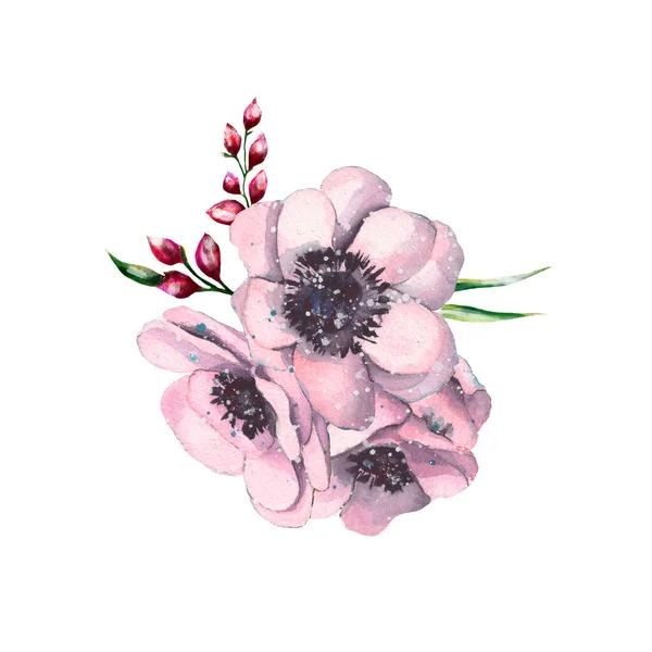 Akwarela ilustracja małego bukietu anemonowych kwiatów odizolowanych na białym — Zdjęcie stockowe