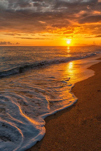 Goldener Sonnenuntergang Mit Spiegelung Sandstrand Vertikales Foto — Stockfoto