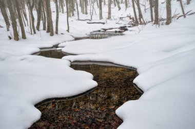 Yumuşak, yumuşak kar kütleleri olan bir kış ormanında küçük bir dere.