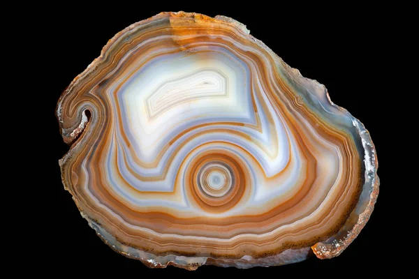 A cross section of the agate stone isolated on black background. Slice of natural concentrically layered white-brown agate from Morocco. Natural patterns and textures of mineral.