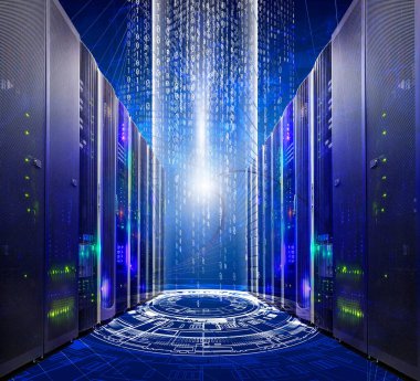 Modern süper bilgisayarların sunucu odası veri merkezi fütüristik bir siber uzaya dönüşür