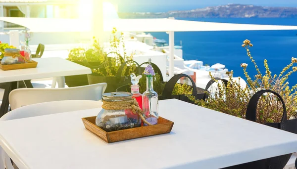 Set Mesa Comedor Con Vistas Caldera Mar Santorini Grecia — Foto de Stock