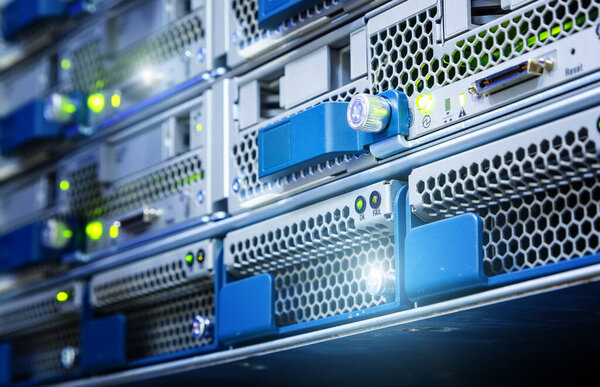 The hard drive in the computer server is close-up. Data storage is performed on media. Selective focus