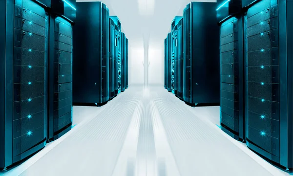 Symmetriskt Futuristiskt Modernt Serverrum Datacenter Med Starkt Ljus — Stockfoto