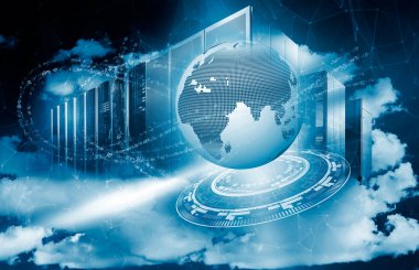 Bulut hesaplama sembolü olarak bulutlu bir gökyüzündeki soyut bilgisayar