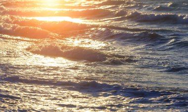 Seascape design marine background template. Beautiful Ocean Sunset Breaking Wave with nobody.