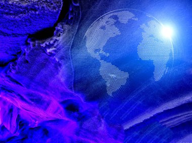 model of the planet earth from the decaying particle on the background of frozen blue streaks of ice and a dark background like the galaxy