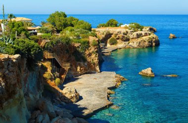 Views of the beautiful nature of the shore and the bay bay of Agia Pelagia near Heraklion, Crete, Greece.