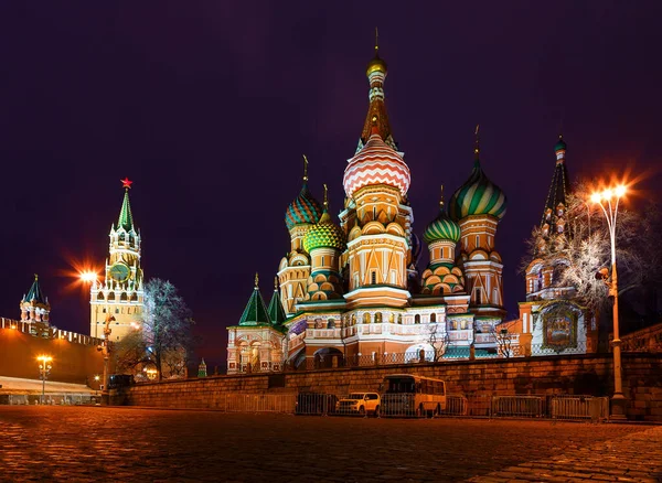 Night view of the Moscow Red Square, St Basil Temple and Spasskaya Tower of Kremlin