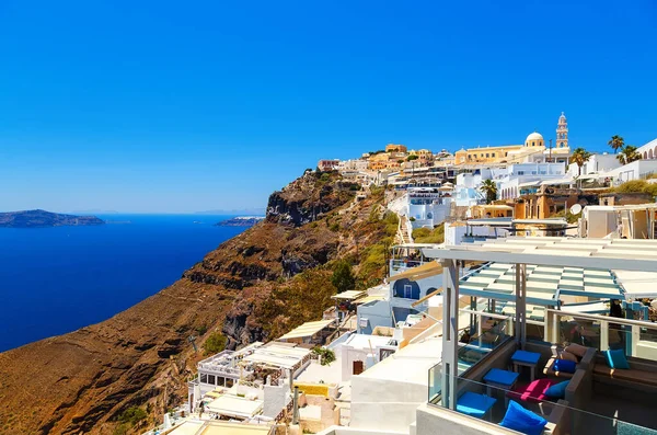 Domy Restauracje Miejscowości Fira Wyspa Santorini Grecja — Zdjęcie stockowe