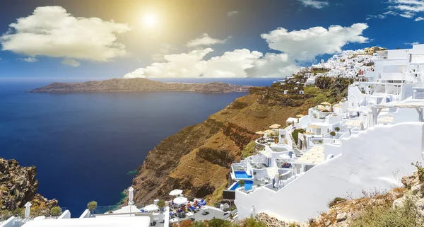 Santorini Wyspa Morza Egejskiego Grecji Epicka Sceneria Świtu Widok Fira — Zdjęcie stockowe