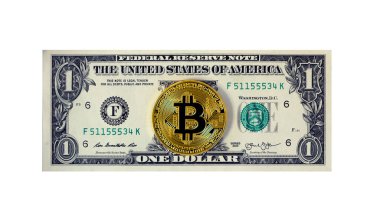 Bir dolarlık banknottaki bitcoin izole edildi. Ticaret konsepti .