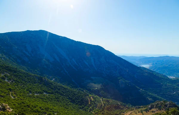 Ţară Vedere Văii Satului Munților Depărtare Într Seară Tulbure Grecia — Fotografie, imagine de stoc