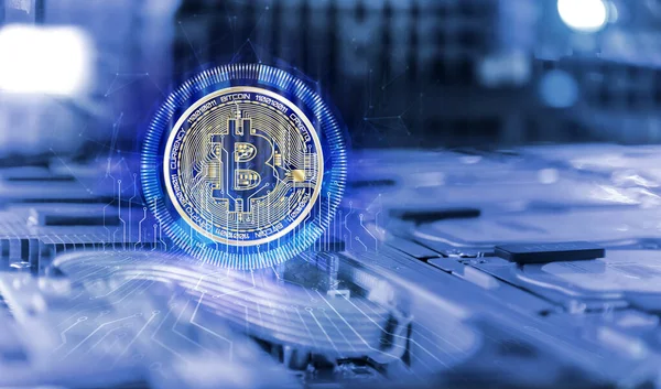 Yüksek performanslı bilgisayar sunucusu derinliği içinde elektronik çiviler olan bitcoin alan bulanıklığı. Bilgisayar devre kartı kripto para birimi madenciliği kavramı