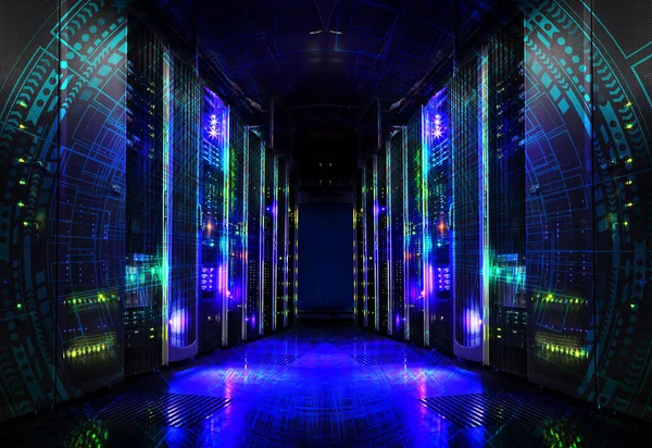 Futuristisches Techno Design Vor Dem Hintergrund Eines Fantastischen Supercomputer Rechenzentrums lizenzfreie Stockfotos