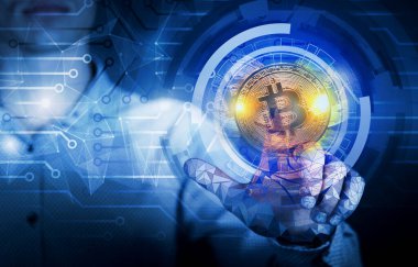 yenilikçi teknoloji konsepti. İnsan eli holograma dokundu.