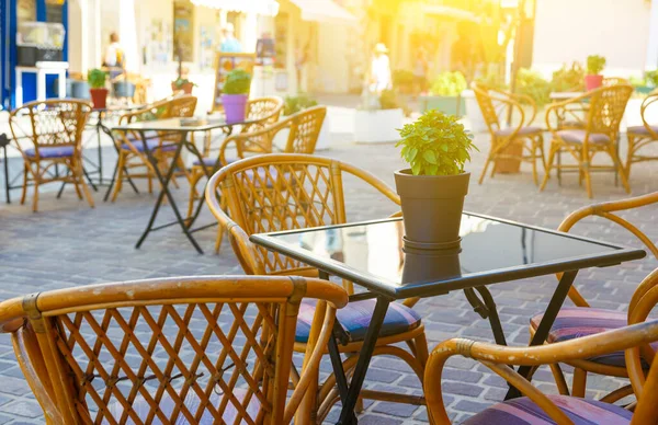 Sunny City of Chania 'nın arka planında masanın ortasında çiçekli bir çömlek. Turistler, Girit Yunanistan. Alan derinliği, bulanık Chania. Sokak Kafesi..