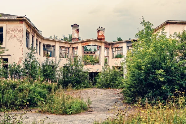 Edifício abandonado coberto de grama e árvores — Fotografia de Stock